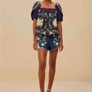 Farm Rio Blue Tapestry Floral Yoke Blouse